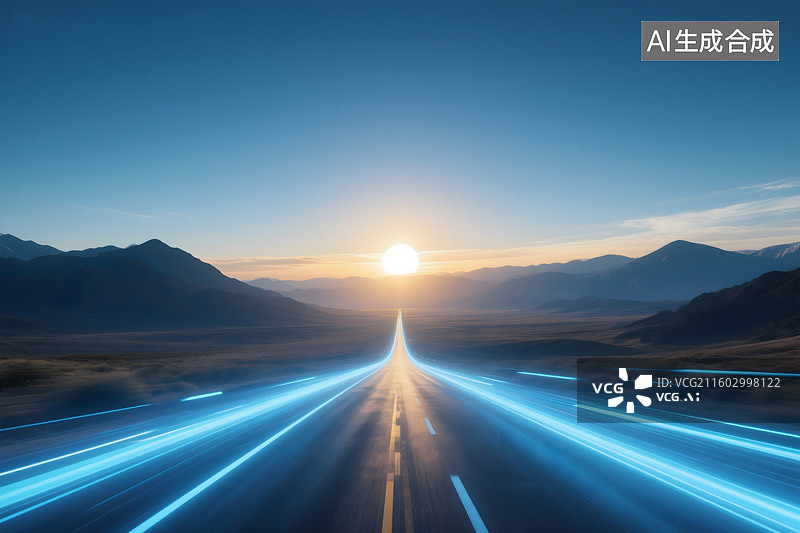 【AI数字艺术】未来感公路，动态蓝色光轨公路，公路，蓝色光轨图片素材