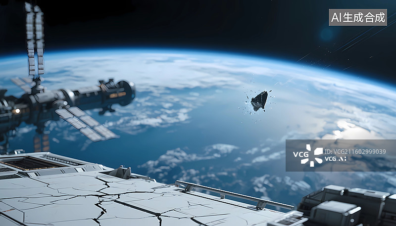 【AI数字艺术】太空中载人飞船遭太空碎片撞击图片素材