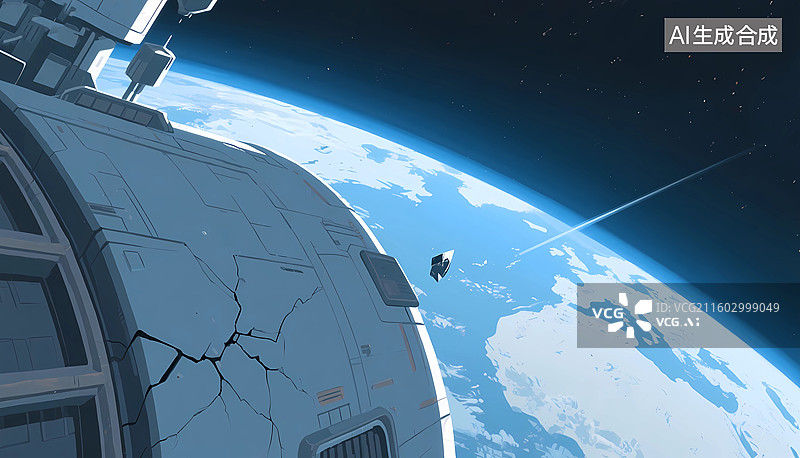 【AI数字艺术】太空中载人飞船遭太空碎片撞击图片素材