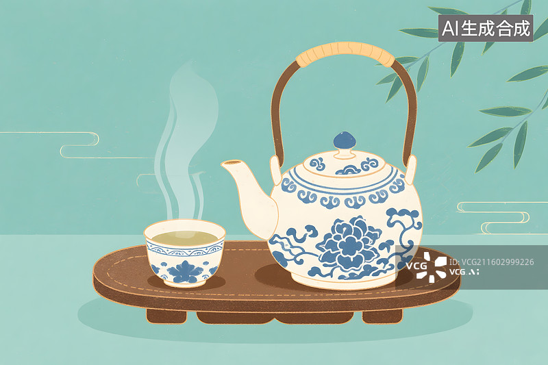 【AI数字艺术】古风茶具插画图片素材