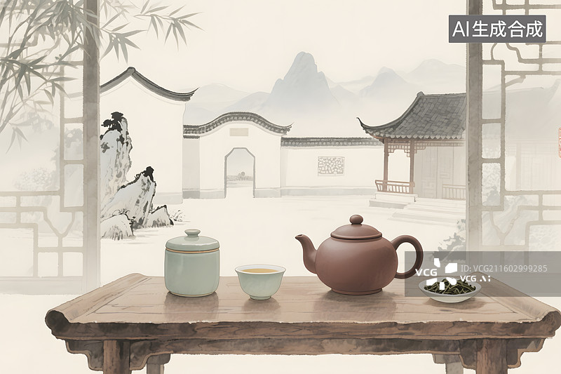 【AI数字艺术】古风茶具插画图片素材