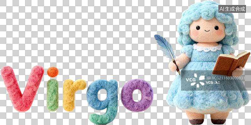 【AI数字艺术】处女座 12星座土象拟人形象造型 3D卡通立体手工针织毛毡风格毛绒玩具手办棉花娃娃创意设计透明无背景图片素材