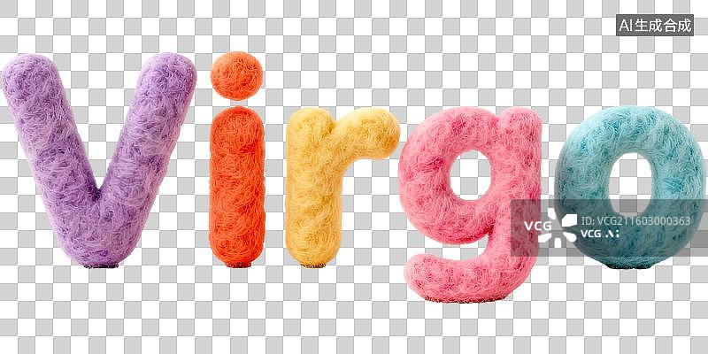 【AI数字艺术】处女座 12星座土象星座英文单词字母拼写 3D卡通立体手工针织毛毡风格棉花毛绒玩具创意设计透明无背景图片素材