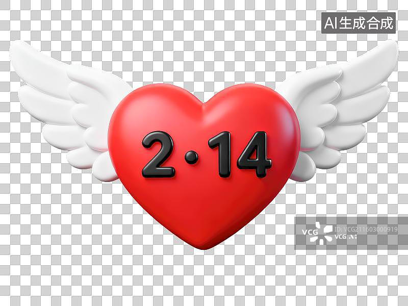 【AI数字艺术】3D渲染免抠图形元素带有一对白色翅膀的红色爱心上边写有黑色数字2.14情人节日期图片素材