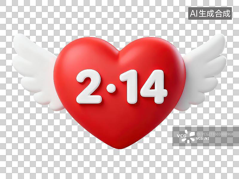 【AI数字艺术】3D渲染免抠图形元素带有一对白色翅膀的红色爱心上边写有白色数字2.14情人节日期图片素材
