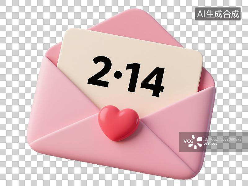 【AI数字艺术】3D渲染免抠图形元素一封打开的带有红色爱心的粉色信封上面写有黑色数字2.14情人节日期图片素材