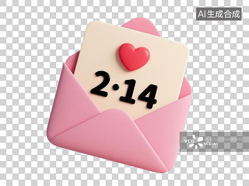 【AI数字艺术】3D渲染免抠图形元素一封打开的带有红色爱心的粉色信封上面写有黑色数字2.14情人节日期图片素材