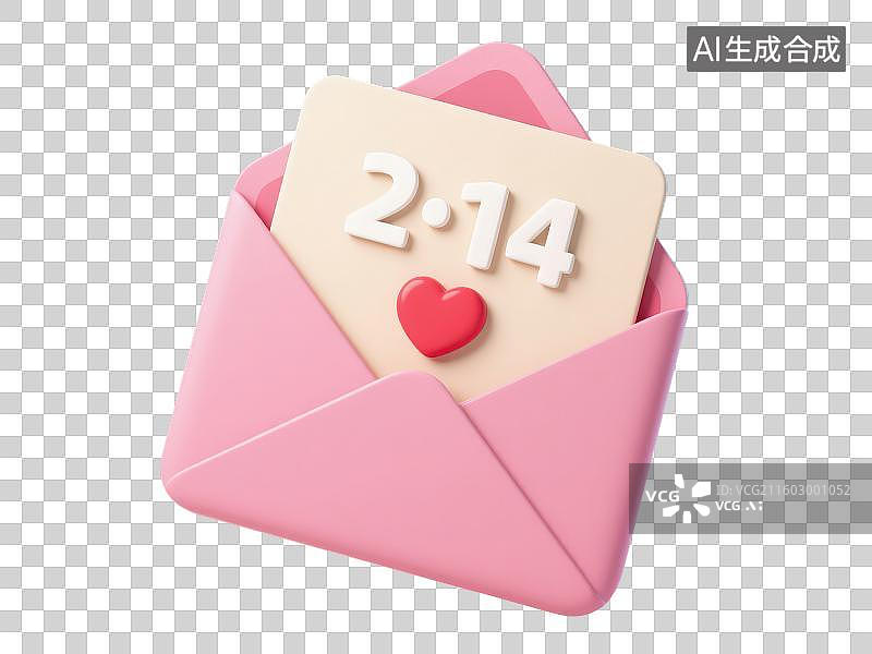 【AI数字艺术】3D渲染免抠图形元素一封打开的带有红色爱心的粉色信封上面写有白色数字2.14情人节日期图片素材