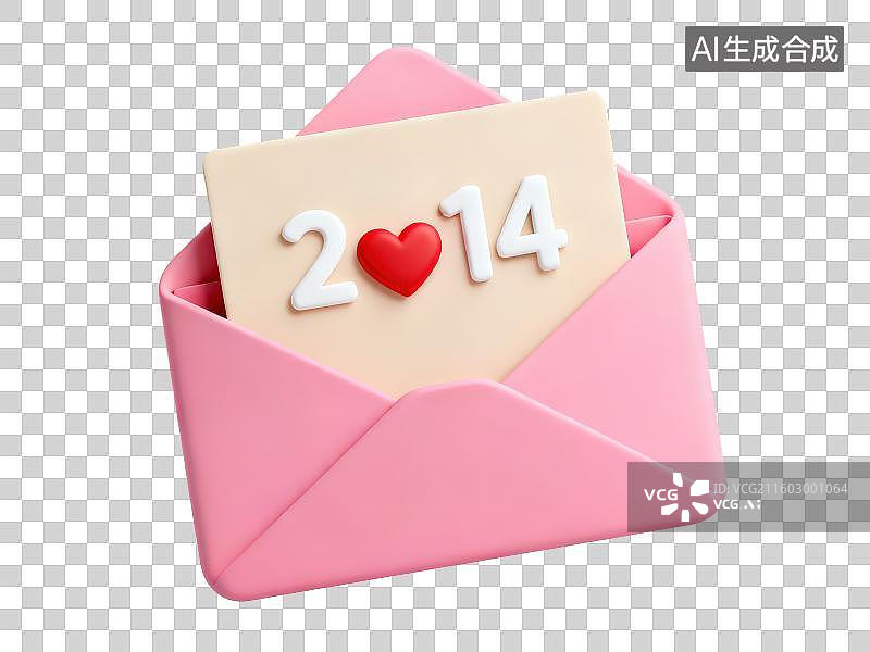 【AI数字艺术】3D渲染免抠图形元素一封打开的带有红色爱心的粉色信封上面写有白色数字2.14情人节日期图片素材