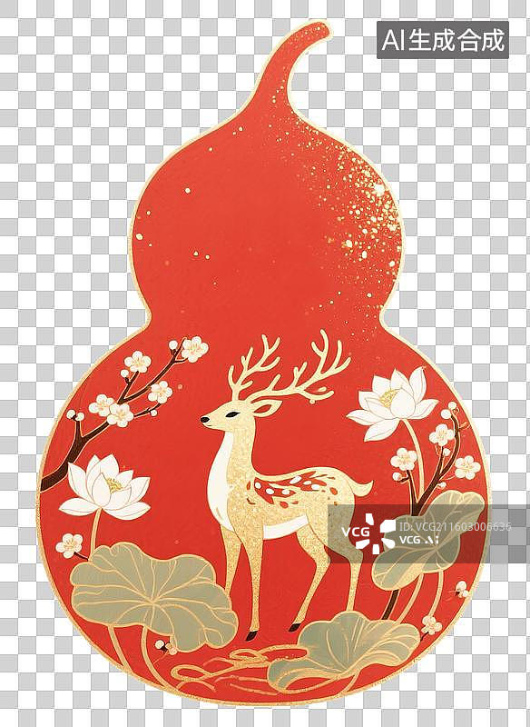 【AI数字艺术】国风葫芦图案祝福贺卡 马年吉利贺岁 元素 荷叶荷花里的福鹿 新年发大财年俗插画图片素材