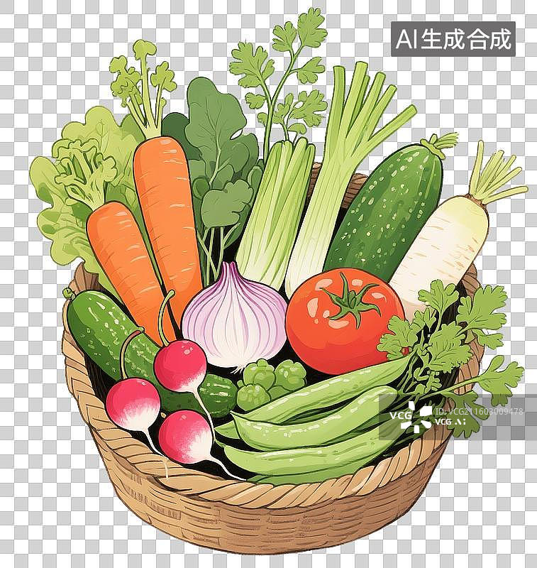 【AI数字艺术】一筐新鲜蔬菜插画元素，颜色治愈清新，蔬菜装在篮子里图片素材