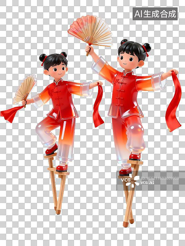 【AI数字艺术】3D轻拟物风中国年俗女童踩高跷表演民俗舞蹈图片素材
