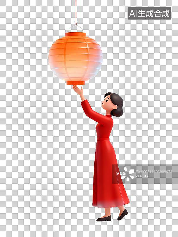 【AI数字艺术】3D轻拟物风中国年俗女子挂灯笼贺岁形象图片素材