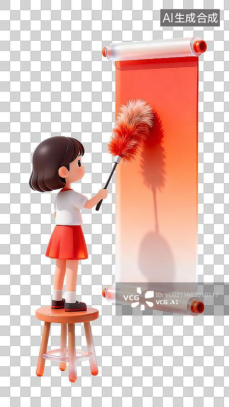 【AI数字艺术】3D轻拟物风中国年俗女孩打扫卫生图片素材