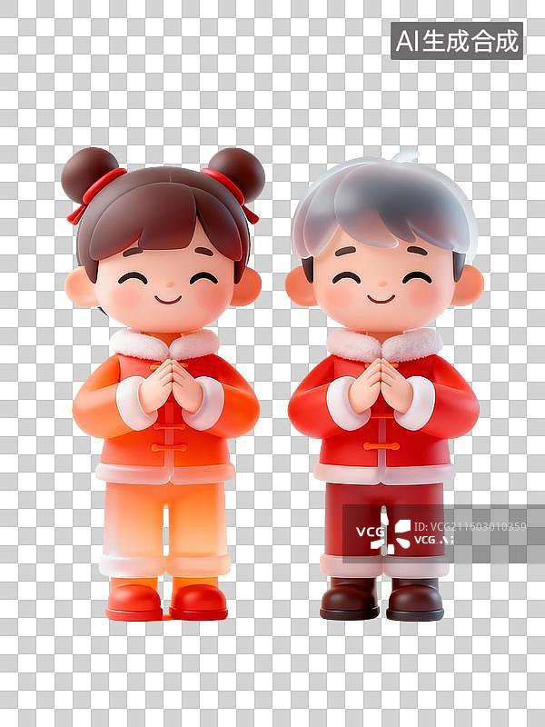 【AI数字艺术】3D轻拟物风中国年俗卡通男女童作揖贺岁形象图片素材