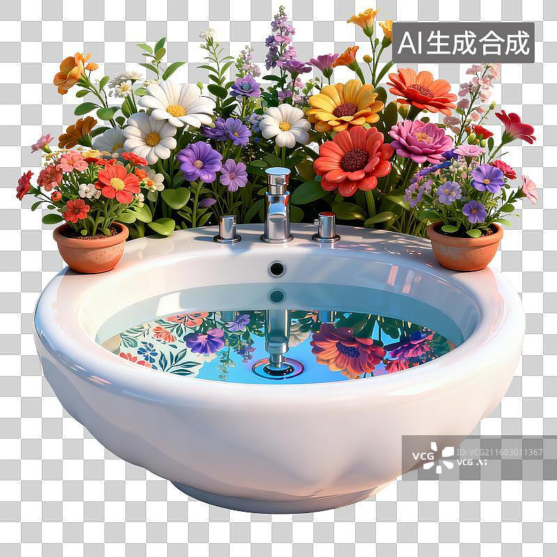 【AI数字艺术】花丛环绕的洗手池图片素材