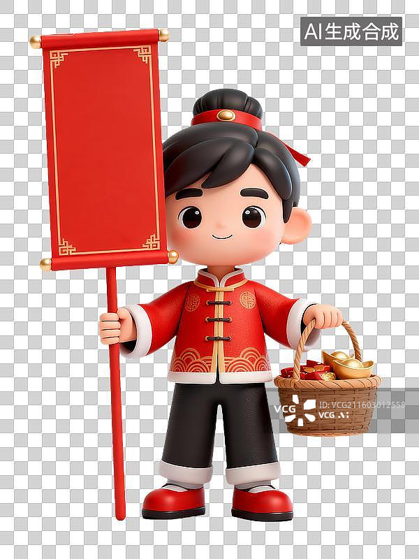 【AI数字艺术】3D卡通中国年俗男孩持红幅提果篮贺岁形象图片素材