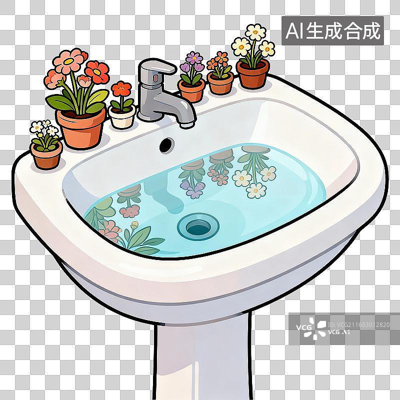 【AI数字艺术】洗手池中的水生植物与盆栽花卉图片素材