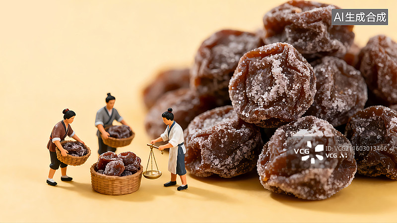 【AI数字艺术】三个古人在秤话梅干蜜饯果干移轴摄影三维图图片素材