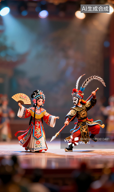 【AI数字艺术】舞台上两个人穿着戏服唱戏演出移轴摄影三维图图片素材