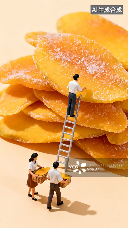 【AI数字艺术】一人在梯子上看芒果干两人在搬运芒果干移轴摄影三维图图片素材