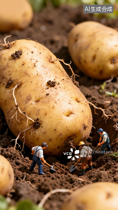 【AI数字艺术】三个人在田地里收土豆农作物移轴摄影三维图图片素材
