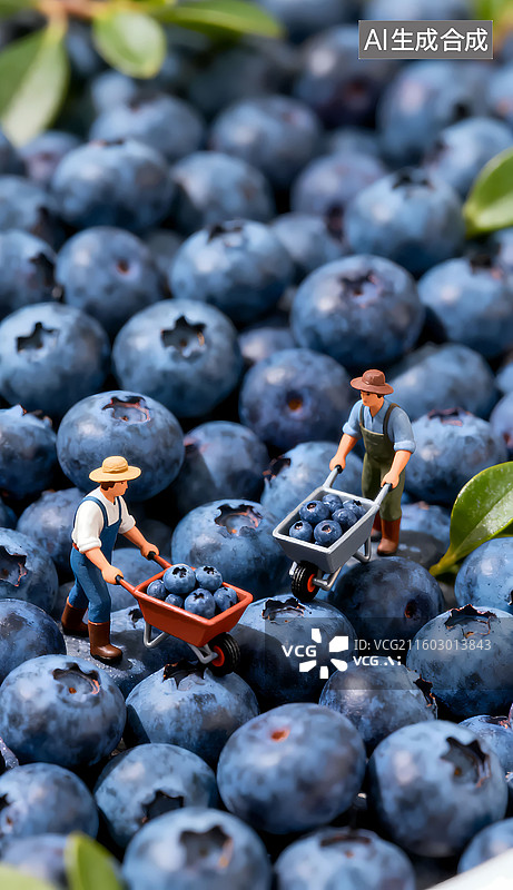 【AI数字艺术】果园里两个工人在采摘蓝莓水果移轴摄影三维图图片素材