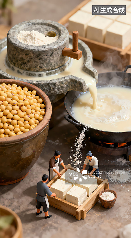 【AI数字艺术】三个人在做豆腐传统食物移轴摄影三维图图片素材