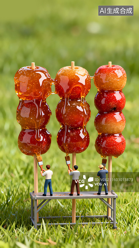 【AI数字艺术】三个人给架子上的糖葫芦刷糖浆微缩景观三维图图片素材