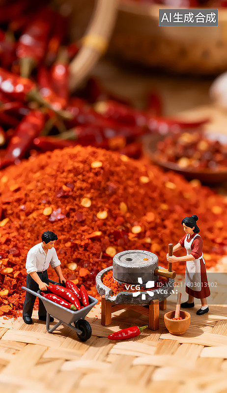 【AI数字艺术】女性用石磨在磨辣椒面男性用独轮车推着辣椒移轴摄影三维图图片素材