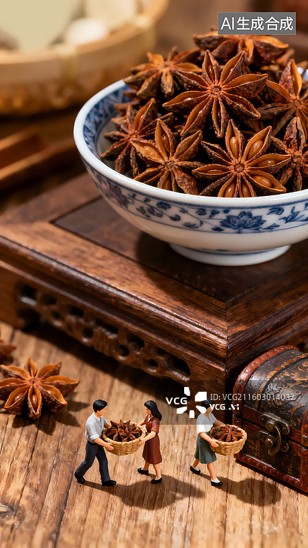 【AI数字艺术】三个人搬运八角大料瓷碗老木箱移轴摄影三维图图片素材