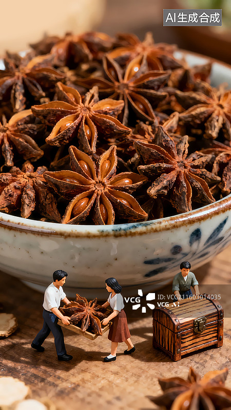 【AI数字艺术】三个人搬运八角大料瓷碗老木箱移轴摄影三维图图片素材