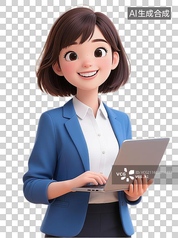 【AI数字艺术】手持电脑的微笑职场女性3D卡通人物图片素材