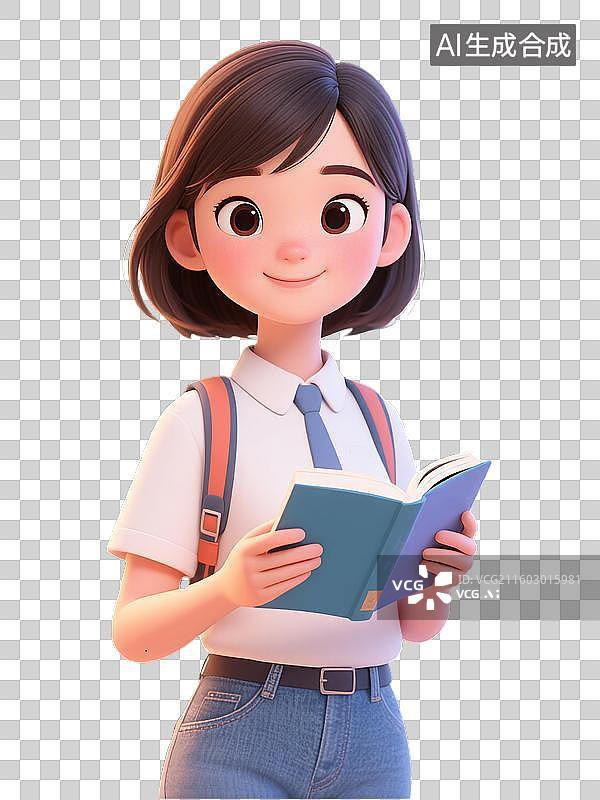 【AI数字艺术】微笑读书的女孩3D卡通人物图片素材