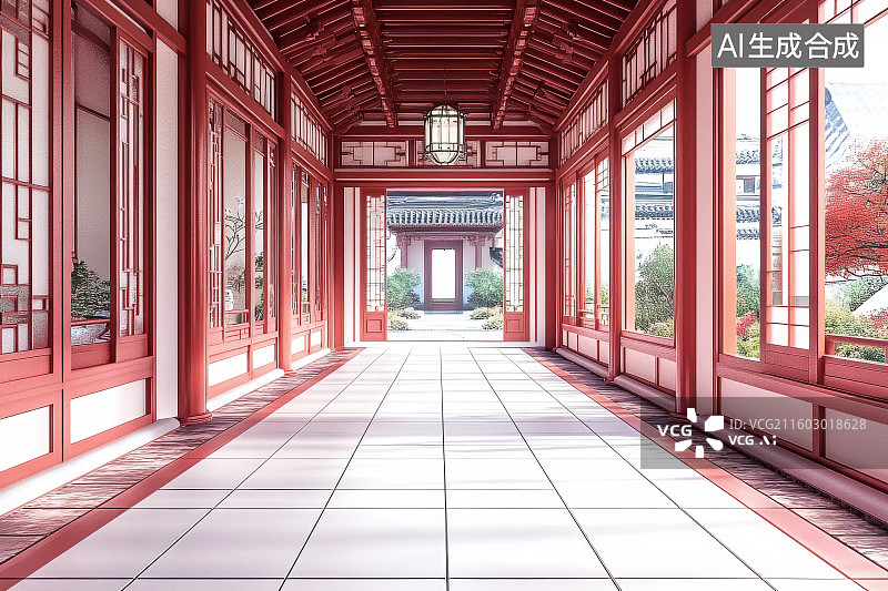 【AI数字艺术】传统中式长廊，红木结构与白色瓷砖图片素材