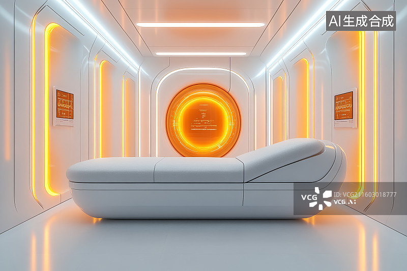 【AI数字艺术】未来感休息舱与霓虹灯走廊图片素材