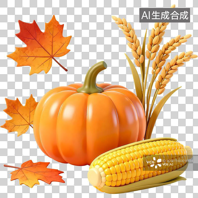 【AI数字艺术】南瓜枫叶麦子秋天3D质感卡通清新拟物立体插画元素图片素材