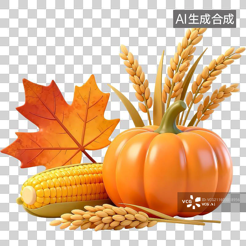 【AI数字艺术】南瓜枫叶麦子秋天3D质感卡通清新拟物立体插画元素图片素材