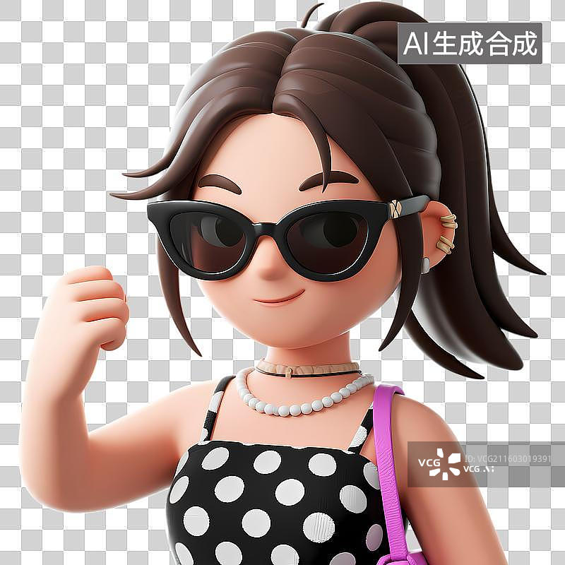 【AI数字艺术】帅气时尚女孩形象3D质感卡通清新拟物立体插画元素图片素材