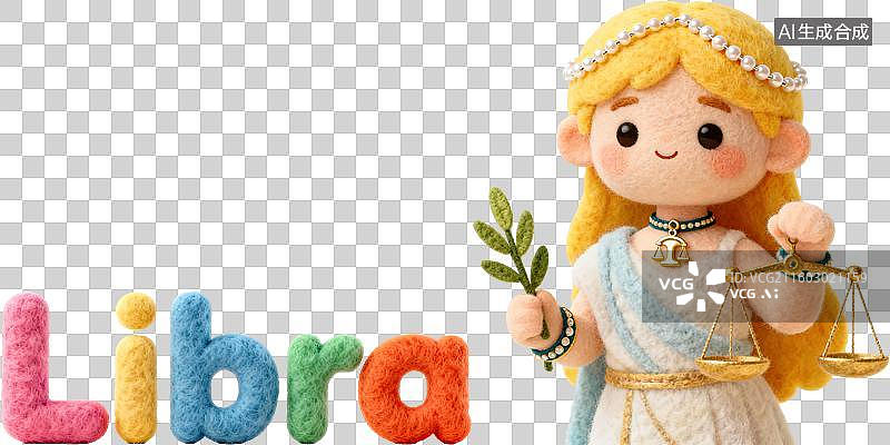 【AI数字艺术】天秤座 12星座风象拟人形象造型 3D卡通立体手工针织毛毡风格毛绒玩具手办棉花娃娃创意设计透明无背景图片素材