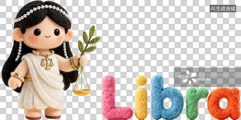 【AI数字艺术】天秤座 12星座风象拟人形象造型 3D卡通立体手工针织毛毡风格毛绒玩具手办棉花娃娃创意设计透明无背景图片素材