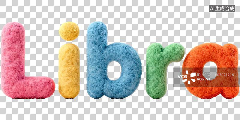 【AI数字艺术】天秤座 12星座风象星座英文单词字母拼写 3D卡通立体手工针织毛毡风格棉花毛绒玩具创意设计透明无背景图片素材
