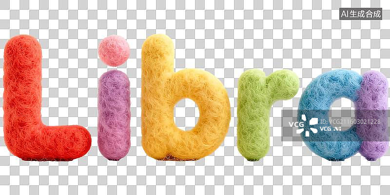 【AI数字艺术】天秤座 12星座风象星座英文单词字母拼写 3D卡通立体手工针织毛毡风格棉花毛绒玩具创意设计透明无背景图片素材