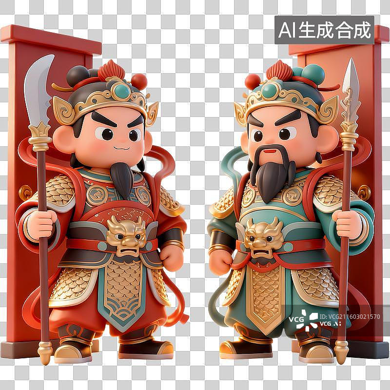 【AI数字艺术】武将门神双人3D质感卡通清新拟物立体插画元素图片素材