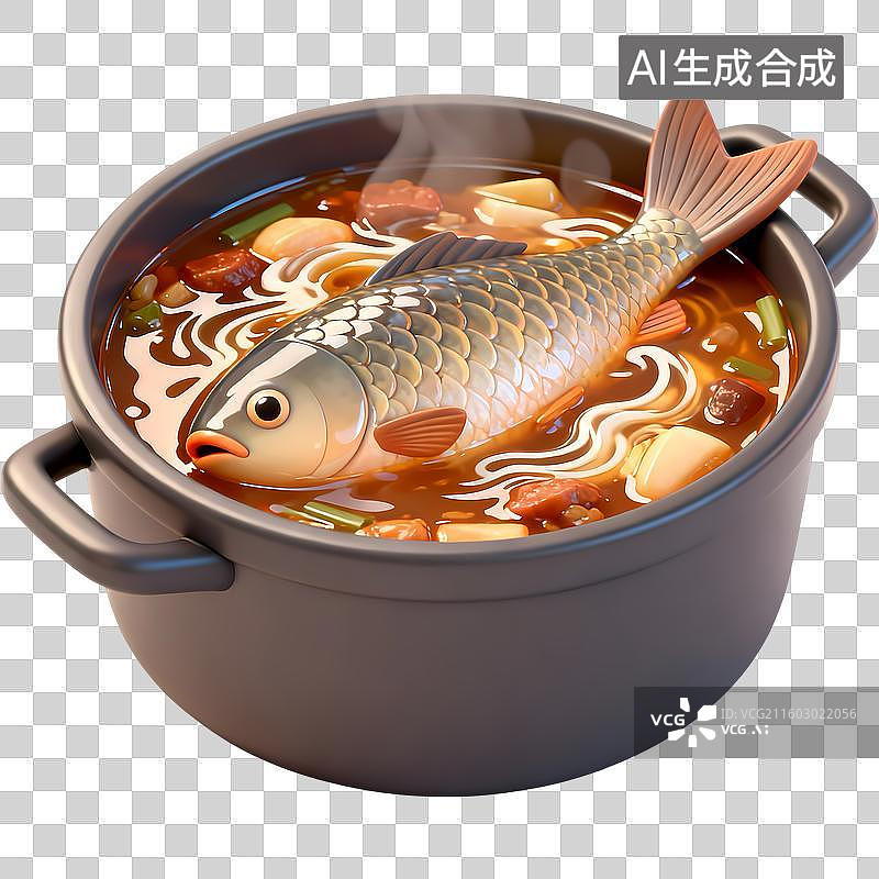 【AI数字艺术】一锅鱼汤水煮鱼3D质感卡通清新拟物立体插画元素图片素材