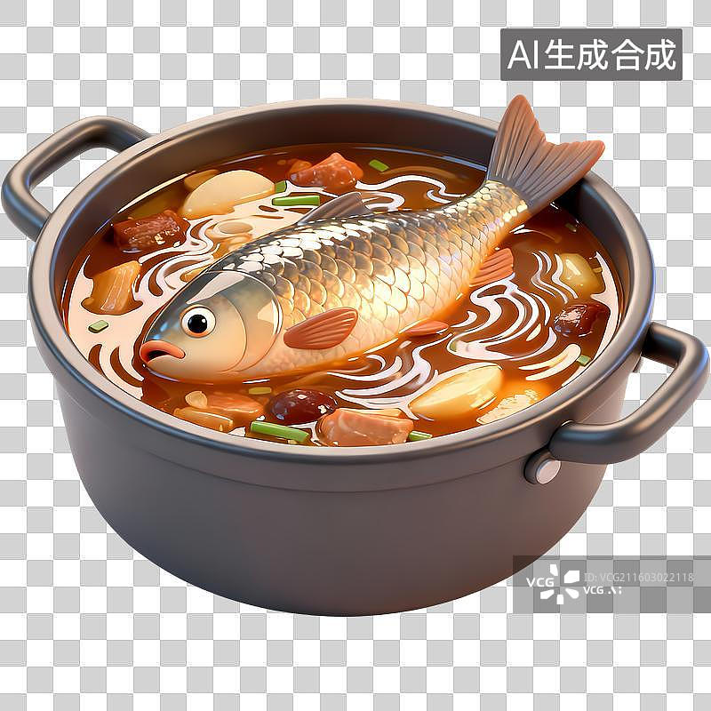 【AI数字艺术】一锅鱼汤水煮鱼3D质感卡通清新拟物立体插画元素图片素材