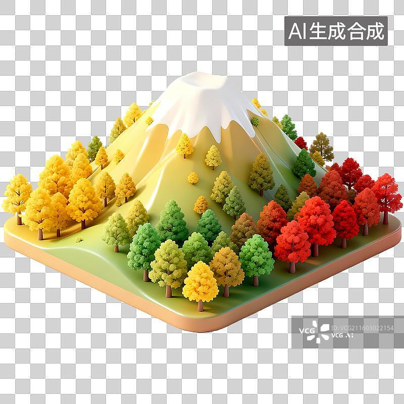 【AI数字艺术】秋天高原植被层林尽染红叶绿叶3D质感卡通清新拟物立体插画元素图片素材