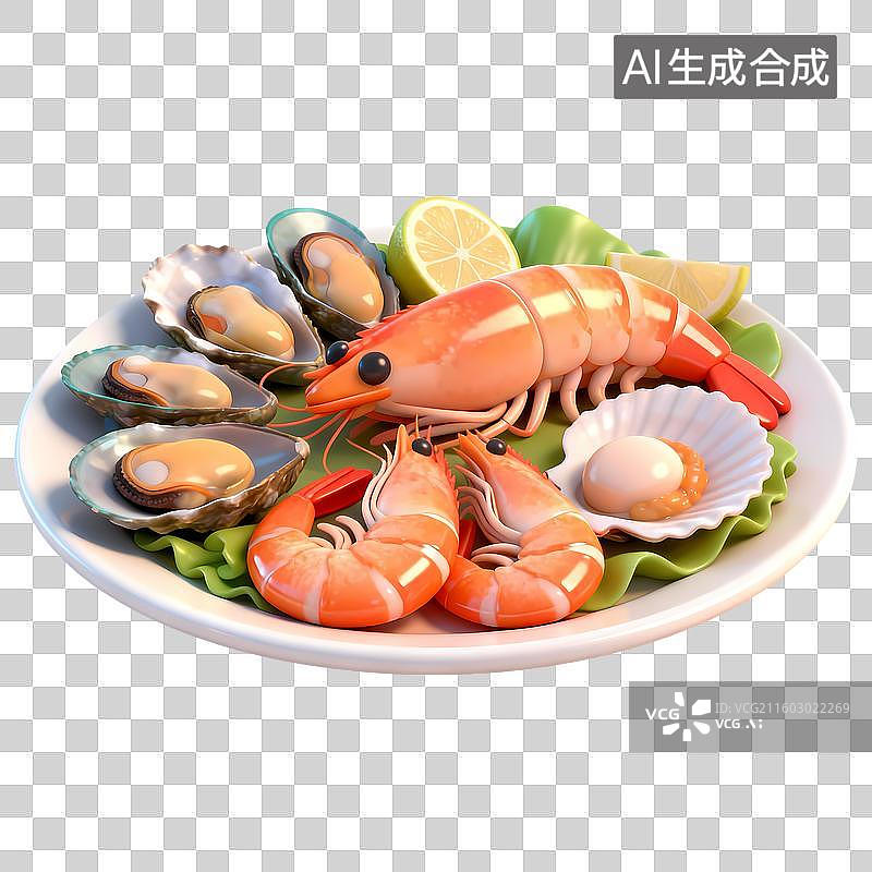 【AI数字艺术】海鲜拼盘3D质感卡通清新拟物立体插画元素图片素材