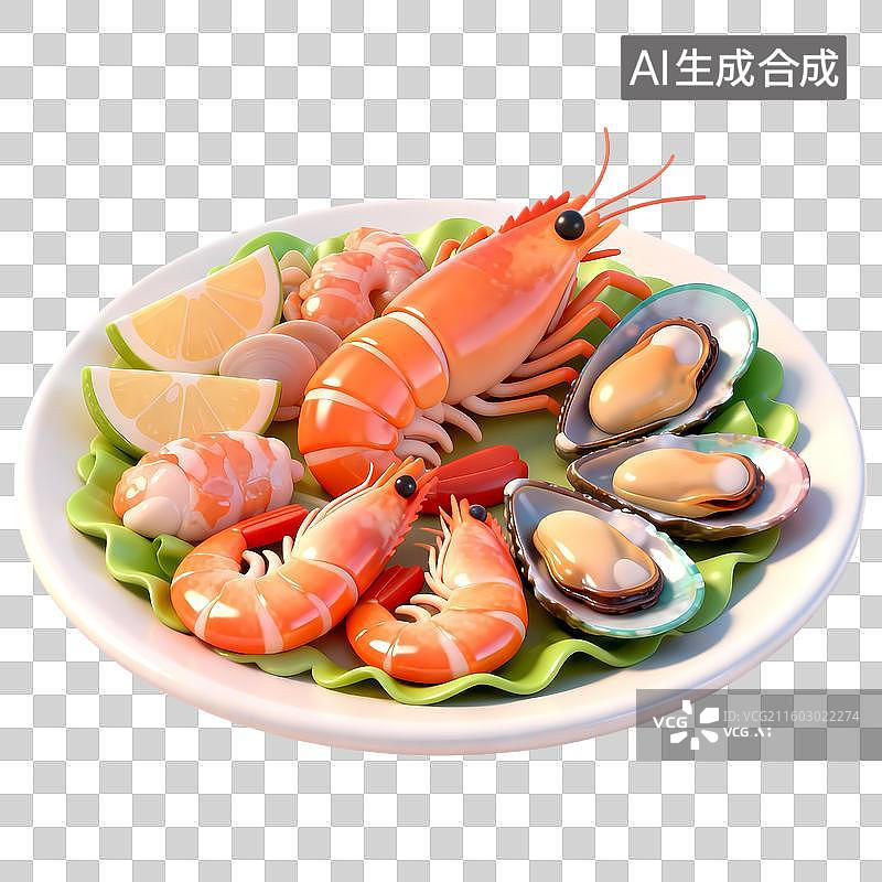 【AI数字艺术】海鲜拼盘3D质感卡通清新拟物立体插画元素图片素材