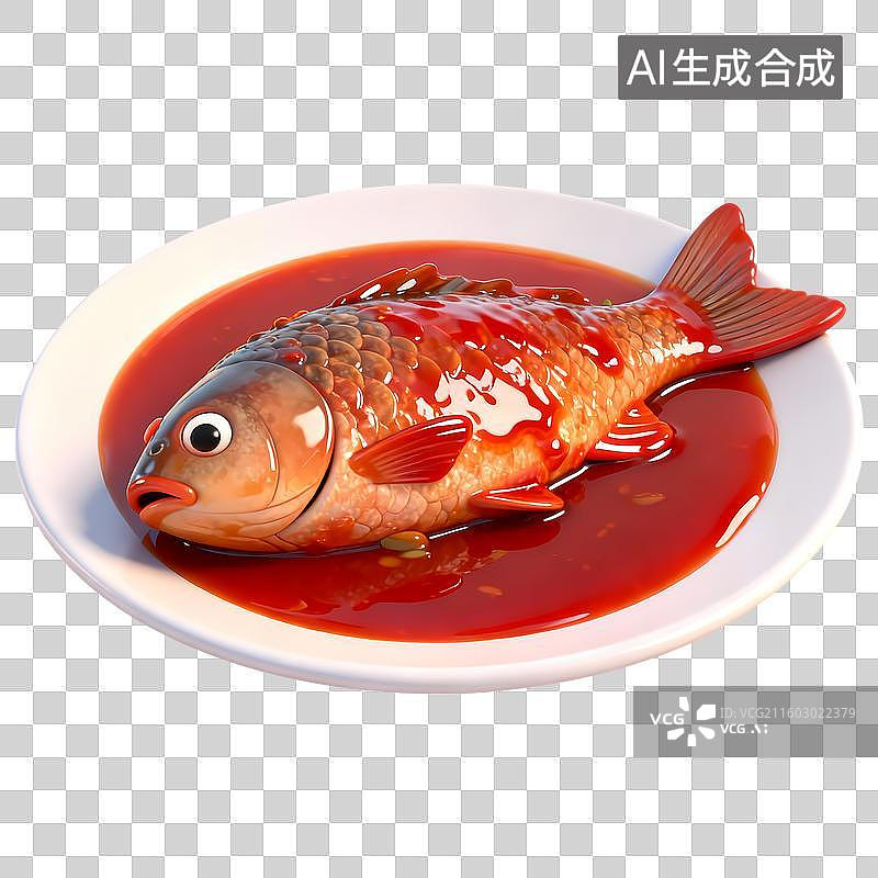【AI数字艺术】一盘红烧鱼3D质感卡通清新拟物立体插画元素图片素材
